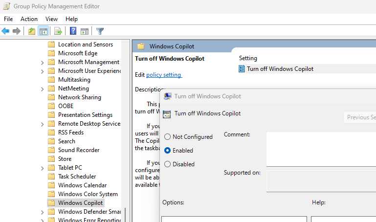 disable copilot in windows 11 gpo